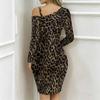 Women Plus Size Asymmetric Cold Shoulder Long Sleeve Dark Gold Leopard Print Irregular Wrap Bodycon Midi Dress
