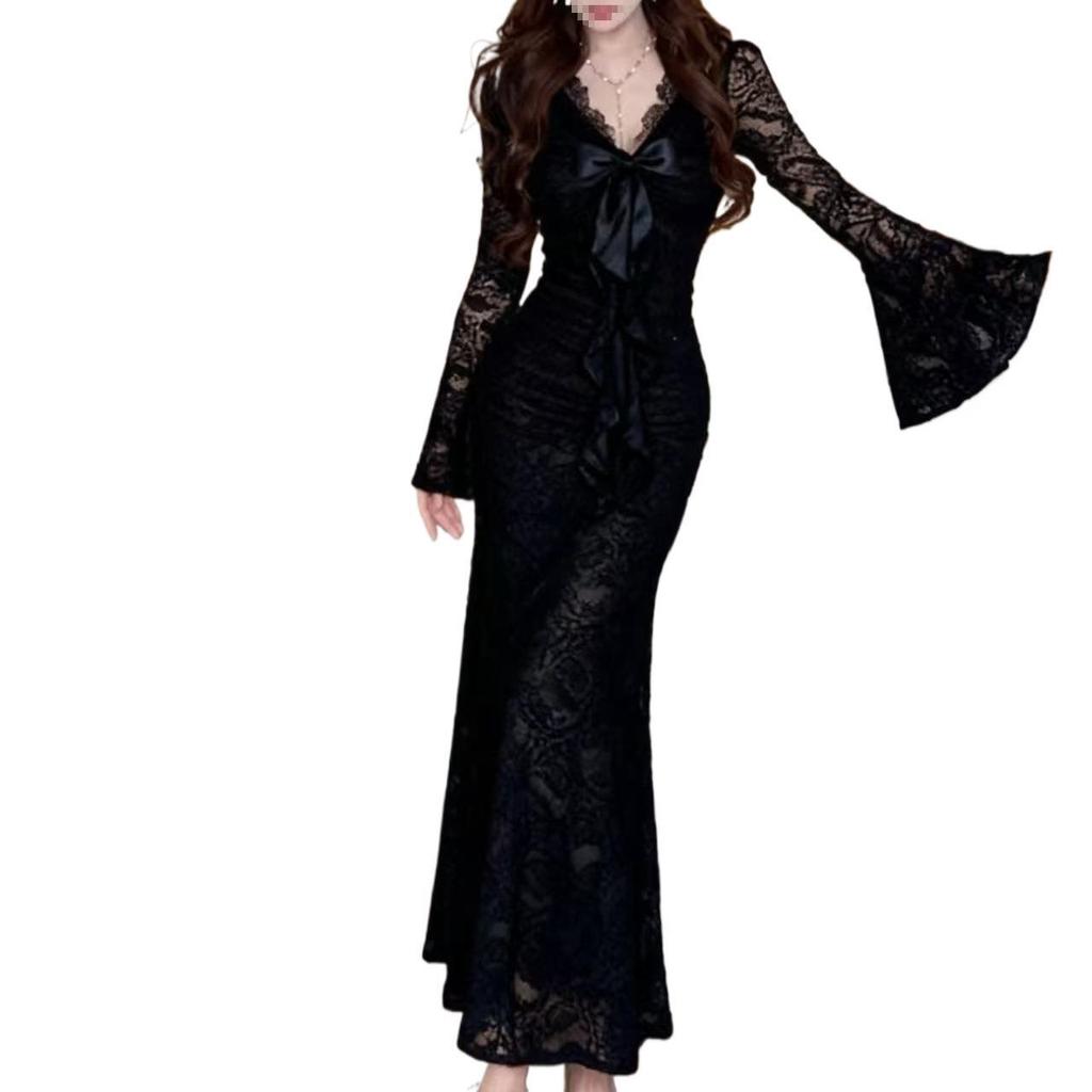 Elegant Lace Bell Sleeve V-Neck Dress for Women - Sexy French-inspired, Spring/Autumn, Figure-Flattering, Tight-Fit, Hip-Hugging Long Dress