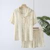 Summer Women's Pajama Set 100% Cotton Crepe Pajama Turn-down Collar Short Sleeve Shorts 2 Piece Ladies Homewear