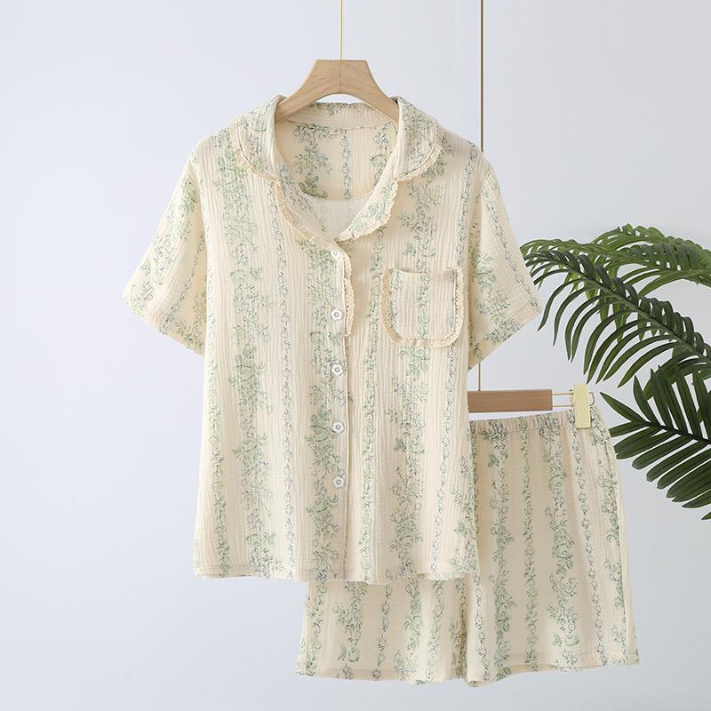 Summer Women's Pajama Set 100% Cotton Crepe Pajama Turn-down Collar Short Sleeve Shorts 2 Piece Ladies Homewear