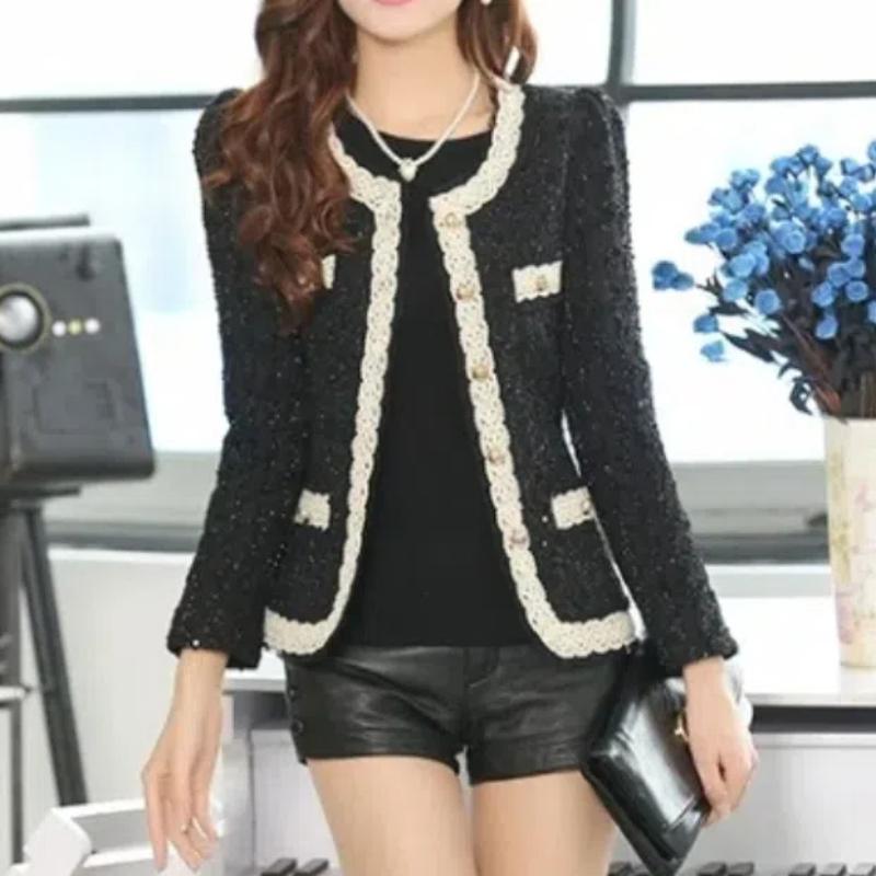 

Карманы на пуговицах Женская одежда Кардиган с круглым вырезом и контрастной расцветкой Пальто с длинными рукавами Модные Повседневные Элегантные Топы с пайетками XXL чёрный