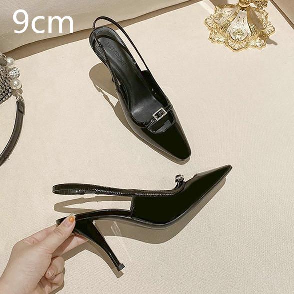 Fashion Baotou Sandals Women Diamond Buckle New Thin Heel Square Hollow Sexy Black Patent Leather Kitten Heels