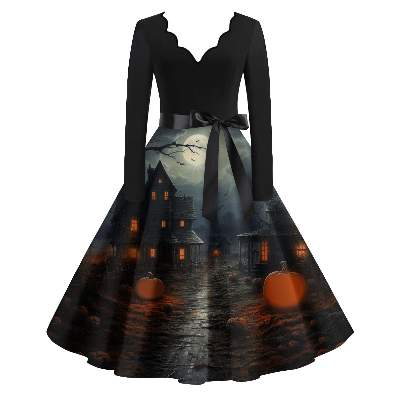 

Женские повседневные модные винтажные длинные платья с длинным рукавом на Хэллоуин и графическим принтом XXXL тёмно-синий