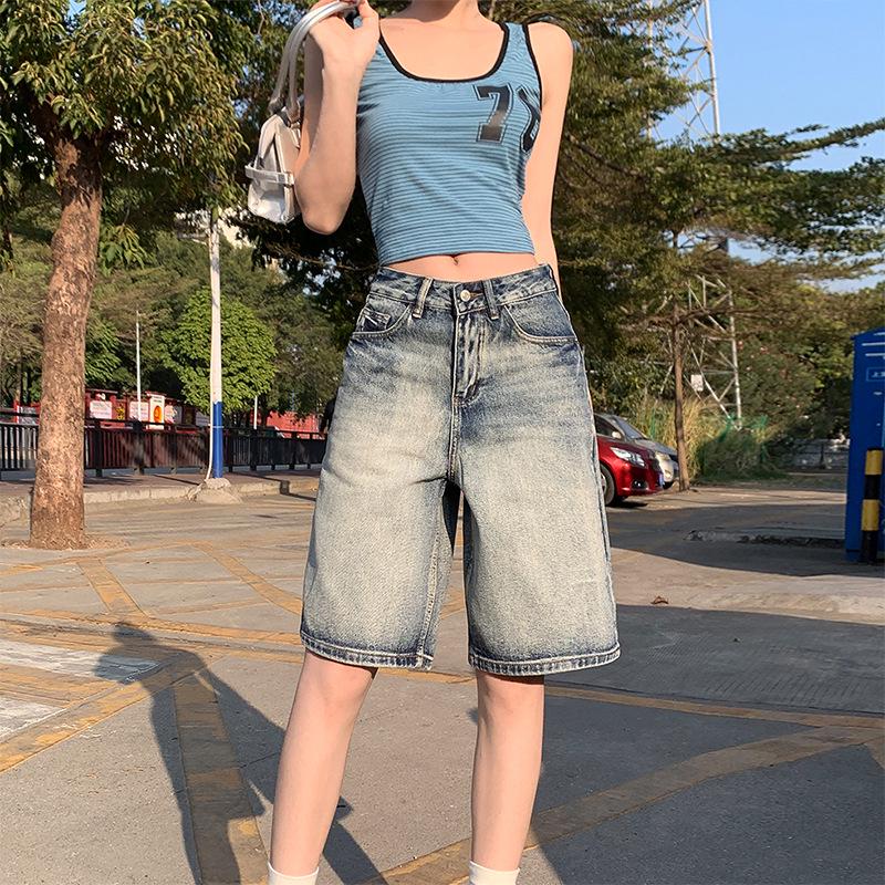 2025 Spring/Summer American Retro High-Waisted Distressed Denim Mid-Length Women's Shorts, Versatile Loose Wide-Leg 5-Point Pants