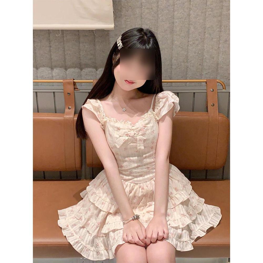 

Милое маленькое платье с цветочным принтом и рукавами-крылышками, женское летнее кружевное платье-комбинация принцессы, платье с пышной юбкой-тортом на талии XL- (recommended 110-60kg)