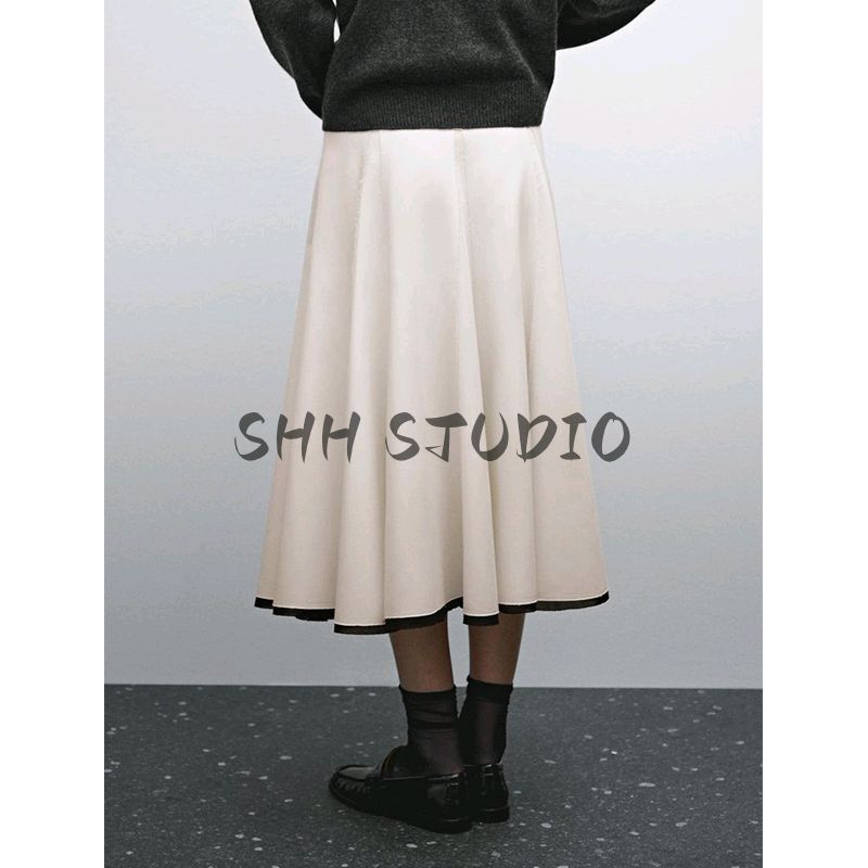 MD Spring/Summer New Arrival Women's French Style Casual Cotton Blend Patchwork Detail Wide Hem Midi Skirt 5290584