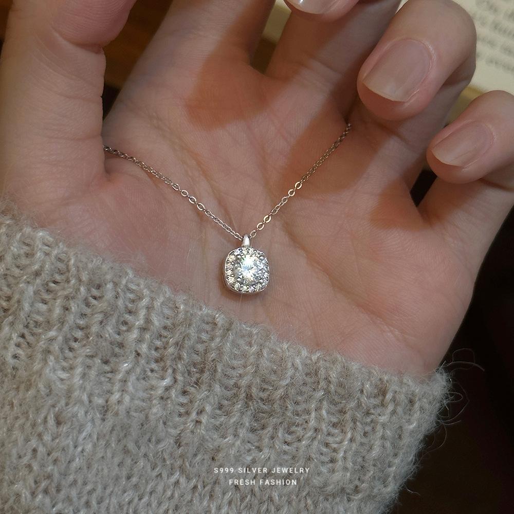 999 Sterling Silver Dainty Zircon Pendant Necklace, Minimalist Sparkling Square Necklace, Elegant Fine Jewelry for Women Gift