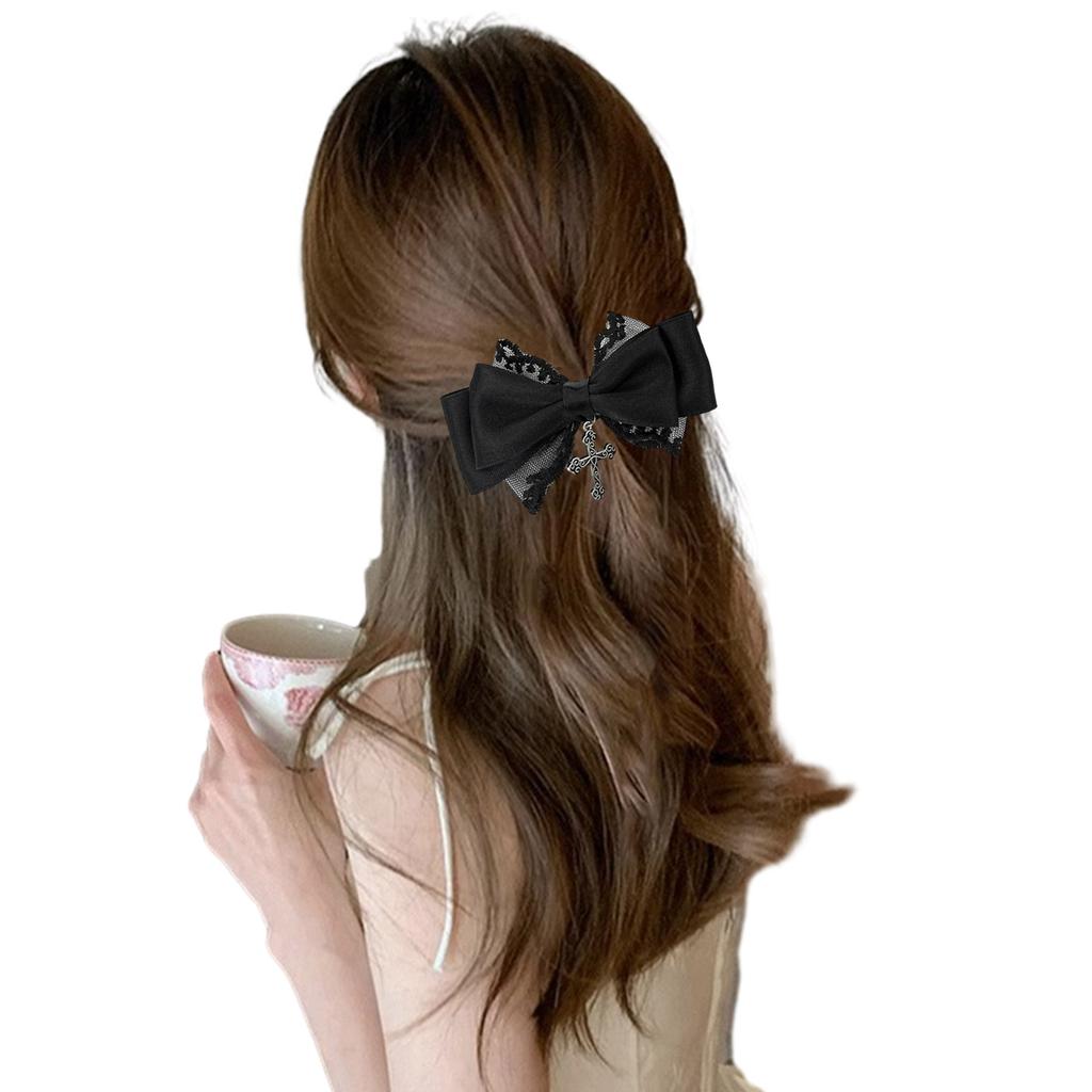 Lolita Gothic Lace Hair Clip Bow Large Barrette Bow Flat Clips Barrette Hairpin Bow Elegant Hair Clip for Bunches