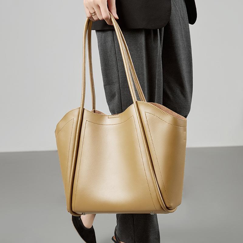 Women's Genuine Leather Solid Color Tote Bag Large Capacity Shoulder Bag for Daily Life Trendy Versatile All-match Commuting Bag