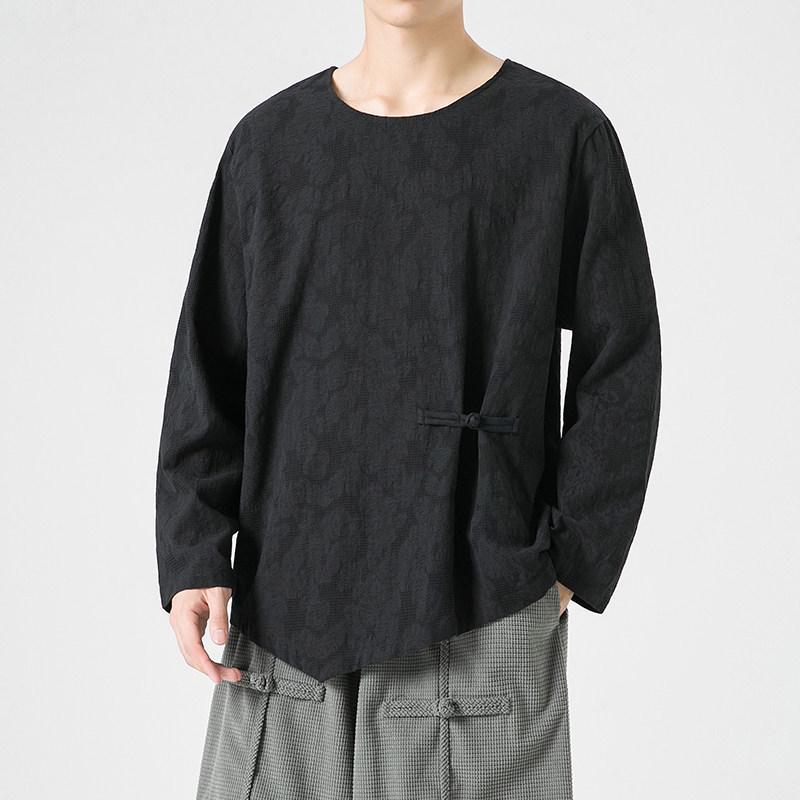 

2025 Autumn Cotton Linen Retro Round Neck Long Sleeve T-shirt Tang Suit Hanfu Style 3XL чорний