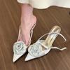 Fashion High-heeled Sandals Women's Summer Pointed-toed Stiletto Satin Rose High-end Heels Women