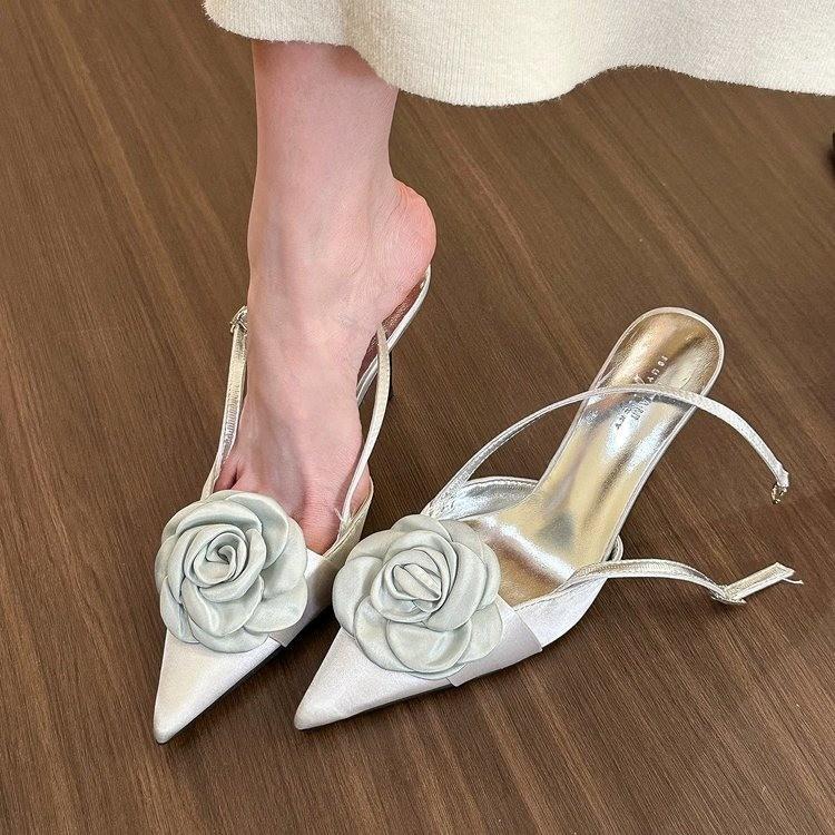 Fashion High-heeled Sandals Women's Summer Pointed-toed Stiletto Satin Rose High-end Heels Women