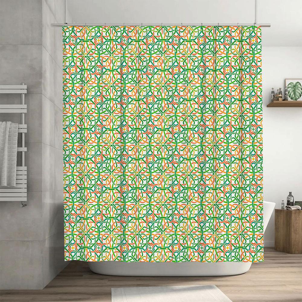 Vibrant Interlocking Geometric: Orange and Green Pattern Shower Curtain for a Modern and Energetic Bathroom Décor