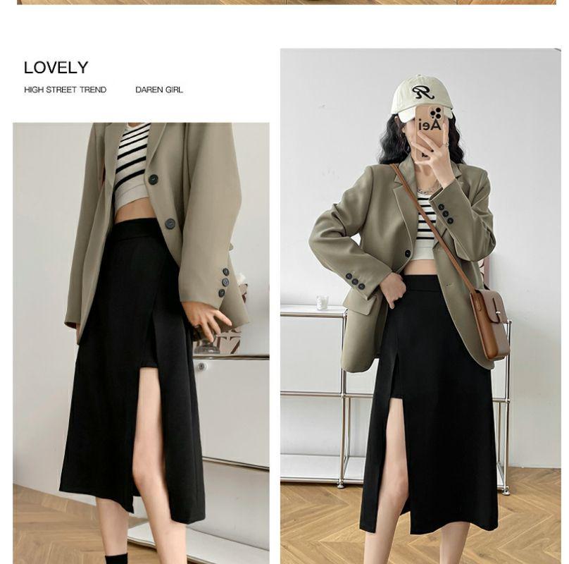 Women's High-Waisted Black A-Line Midi Skirt - 2023 Summer Slit Style, Petite Fit