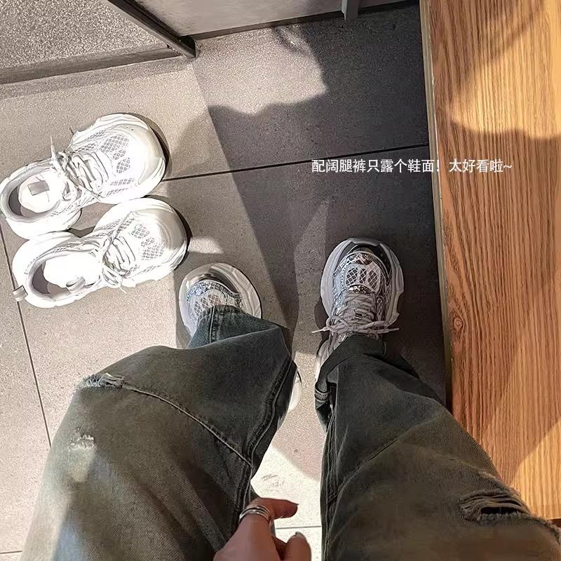 New Summer Light 5 Shock Absorption Thick Sole Leather Breathable Mesh Sports Leisure Dad Shoes Tide