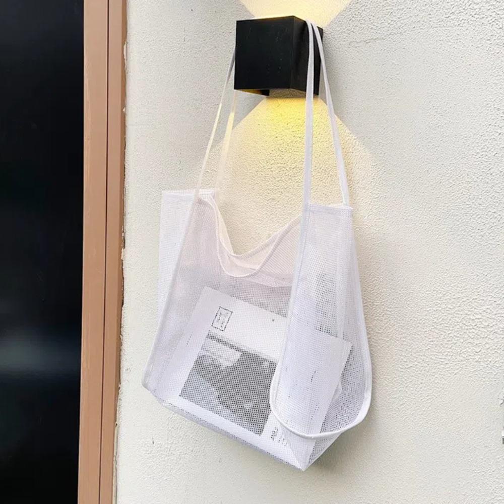 Transparent Mesh Shoulder Bag Pockets Hollow Tote Bag Fashion Beach Handbag Girls