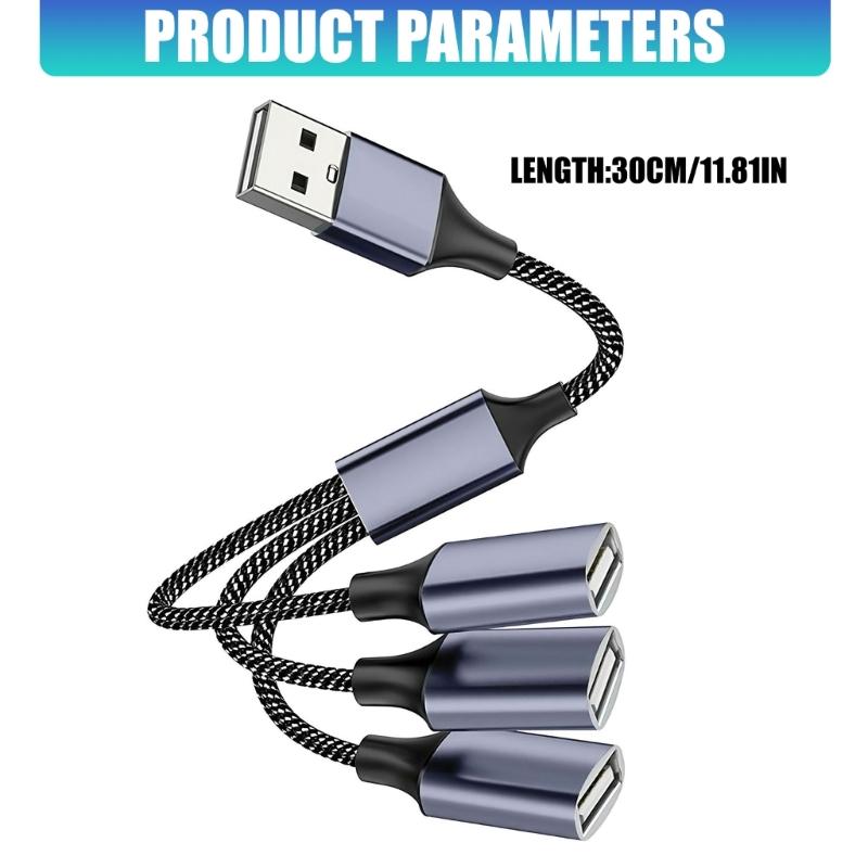 USB 2.0 Extension Cable 1 Male to 3 Female Adapter for Multiple Devices Data Transfer with Metal Housing and 30cm Length