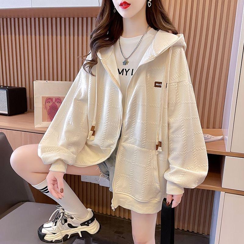Women's Korean Style Drawstring Hooded Long-sleeved Cardigan for Women Casual Loose Versatile Zipper Jacket for Women