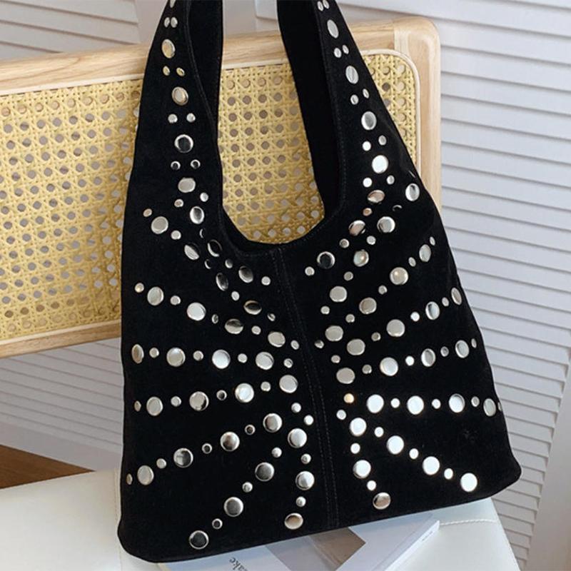 European American Fashion Tote Bags Stylish Shoulder Bags With Studs Dots New Suede Handbags Versatile Solid Color Commuter Bags