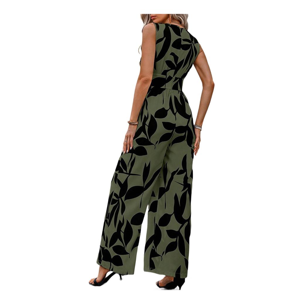 Women's Sleeveless Printed High Waist Wide Leg Jumpsuit with Tie Belt