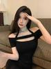 Spice girl style sexy one-word shoulder neck dress women's summer design sense hollow slim slim slim hip wrap short skirt