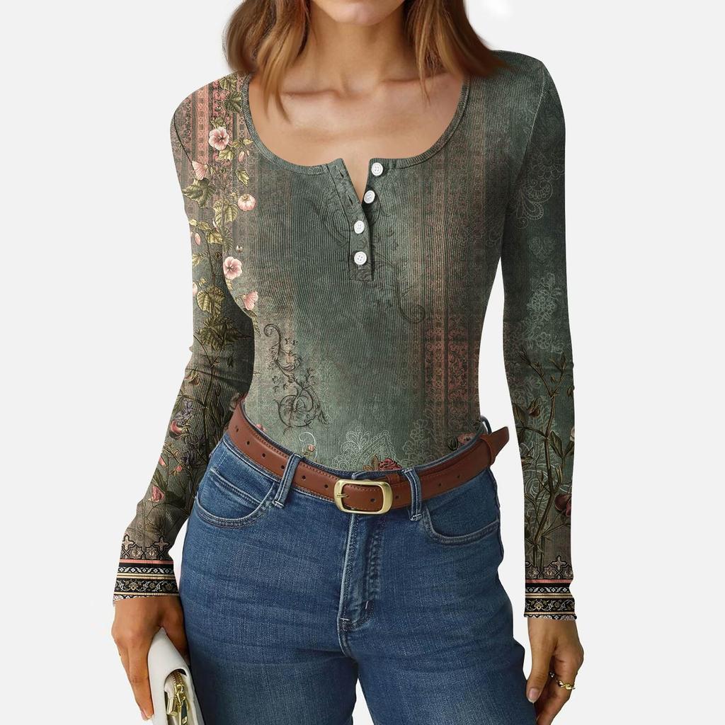 Women's Slim Bottom T-shirt Fashion Casual Gradient Printing Round Neck Pullover Long Sleeve Top