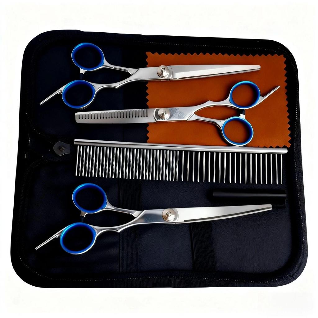 Portable Pet Grooming Scissor Set: Flat & Curved Hairdressing Tools