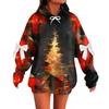 Ladies' Christmas Printed Bow Long Sleeved Loose Fitting Headband With Rope Hooded Sweatshirt Top
