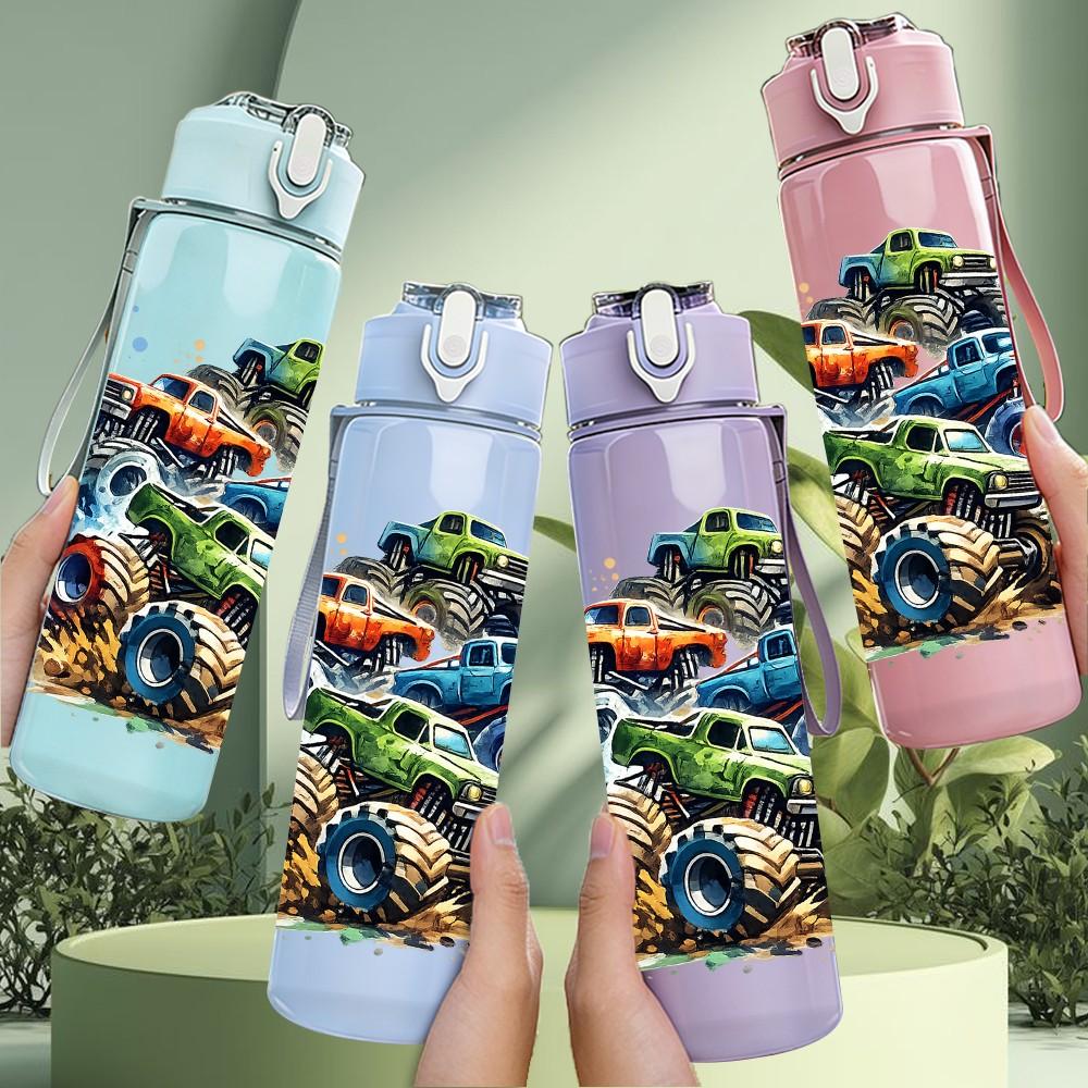 1PC Monster Truck 4 Year Old Birthday Print 750ml Color Plastic Sports Water Bottle Leakproof Flip Straw Lid Suitable for Sports Office Home Use