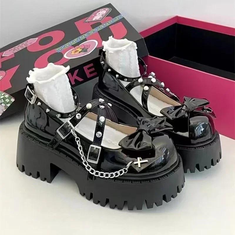Fashion Women's Lolita Mary Janes Shoes 2025 Ankle-Wrap High Heels Platform Pumps Bow-Tie Rivet Chain Square Heel Buckle Strap Shoes