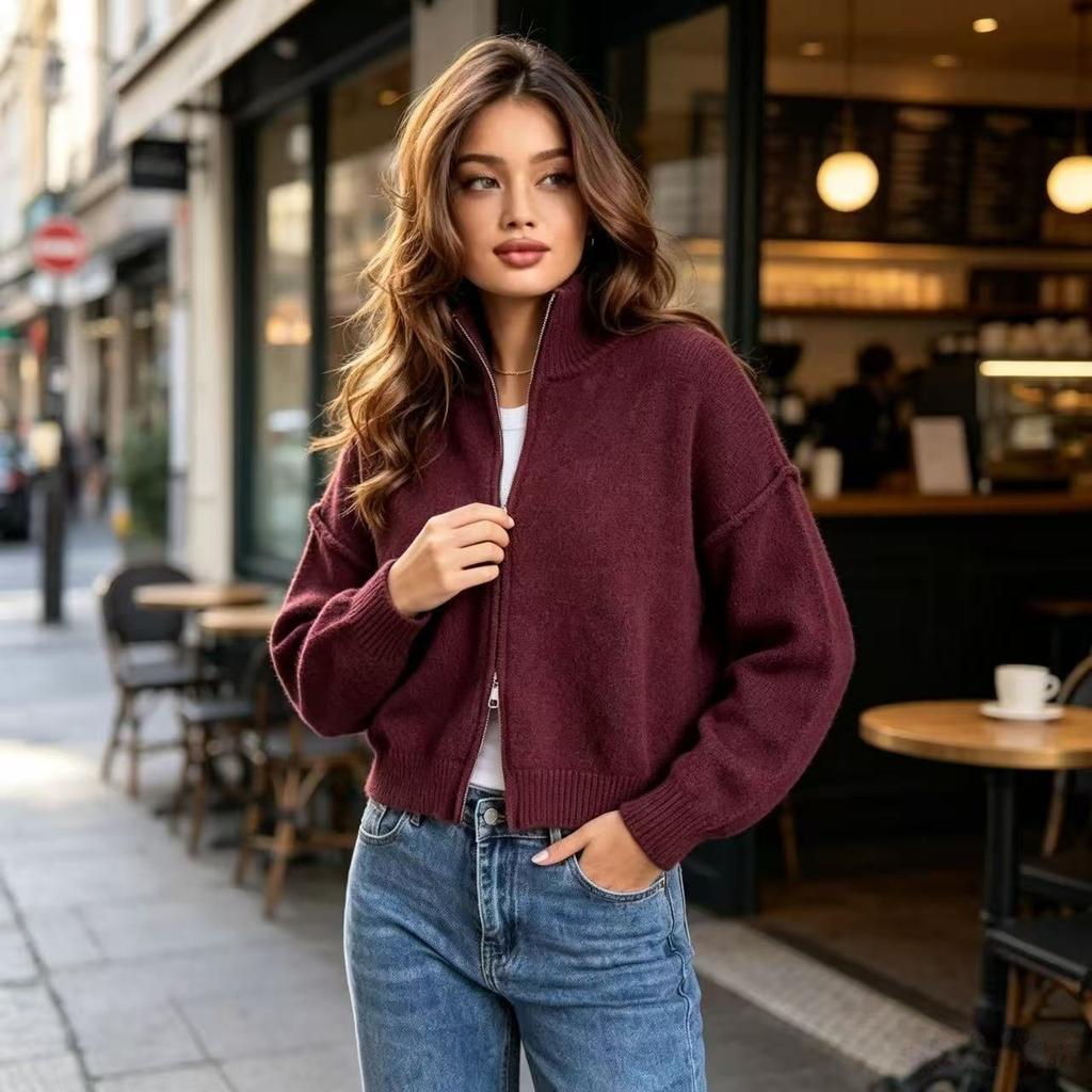 European and American Double-headed Zipper Sweater Jacket Women's Clothing Autumn and Winter New Turtleneck Casual Knitted Cardigan Loose Top