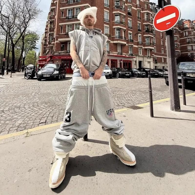 Unisex Faux Trzy Elementy Projekt Pas Spodnie Dresowe Mężczyźni Kobiety Luźne Haft Cyfra 3 Metka Spodnie Treningowe Czarne Szare Codzienne