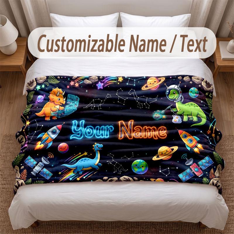 Dinosaur Theme Soft Blanket Personalized Custom Name Text Print Warm Blanket Home Sofa Bedroom Decor