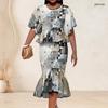 Women Plus Size Printed Two Piece Skirt Set Round Neck Batwing Sleeve Ruffle Hem Top Fishtail Skirt Black Grey Gold