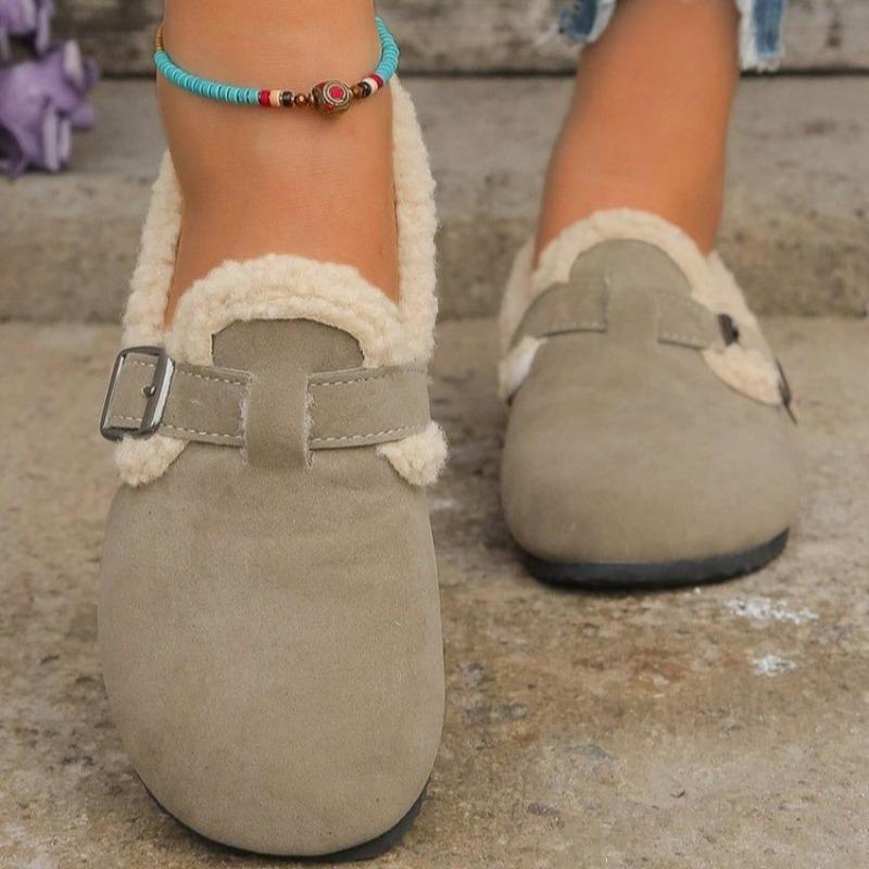 Fleece one-pedal cotton shoes women's winter new retro flat-bottomed warm buckle cotton shoes