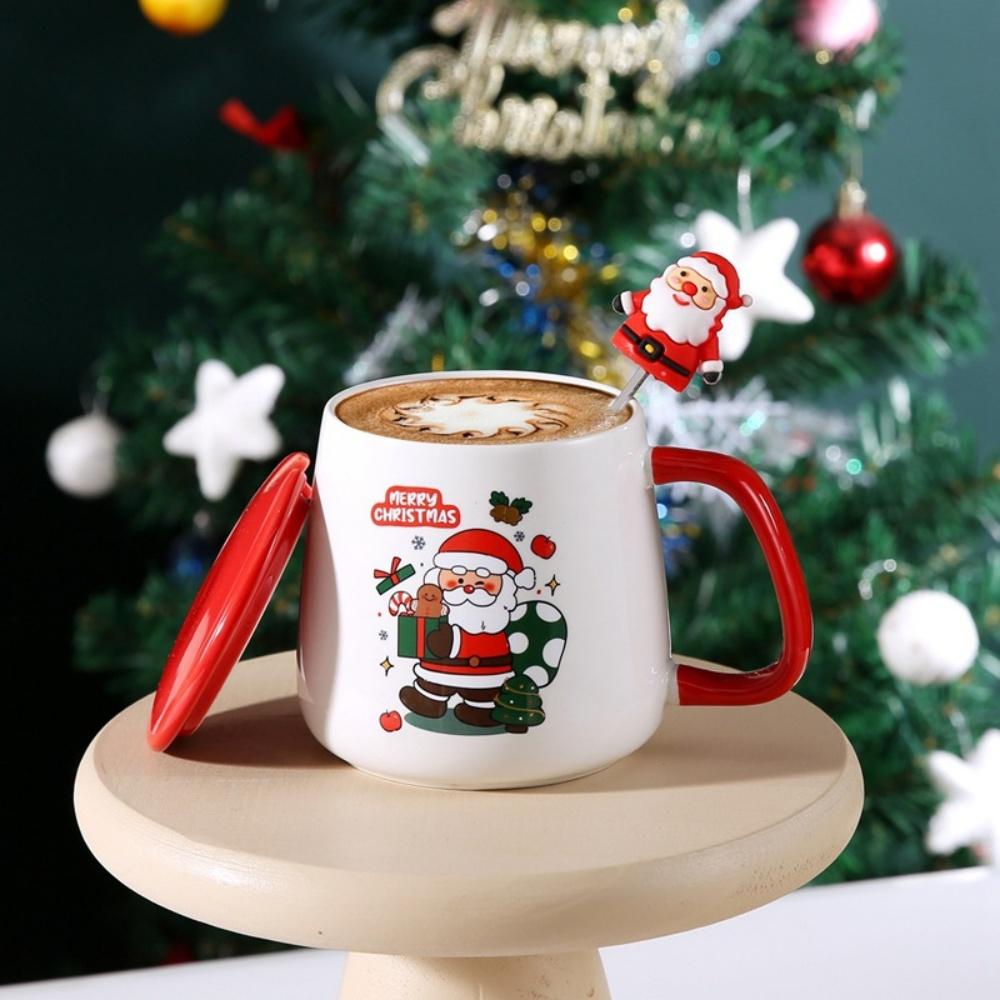 Cute Christmas Ceramic Cup with Lid and Spoon Cartoon Christmas Tree Coffee High-value Mug Souvenir Christmas Children's Gift