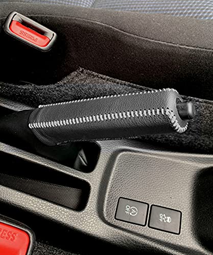 Genuine Leather Side Brake Cover Universal for All Vehicles High Quality Parking Brake Protection (White Stitching)