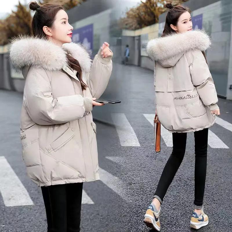 Women's Winter Loose Thick Korean Warm Workwear Jacket Big Fur Collar Hooded Coat