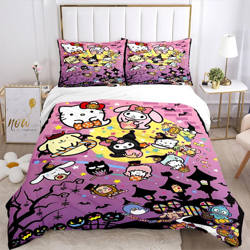 3pcs Halloween Fun Hello Kitty My Melody & Friends Bedding Set Includes Quilt Cover and Pillowcases, Suitable for All Seasons