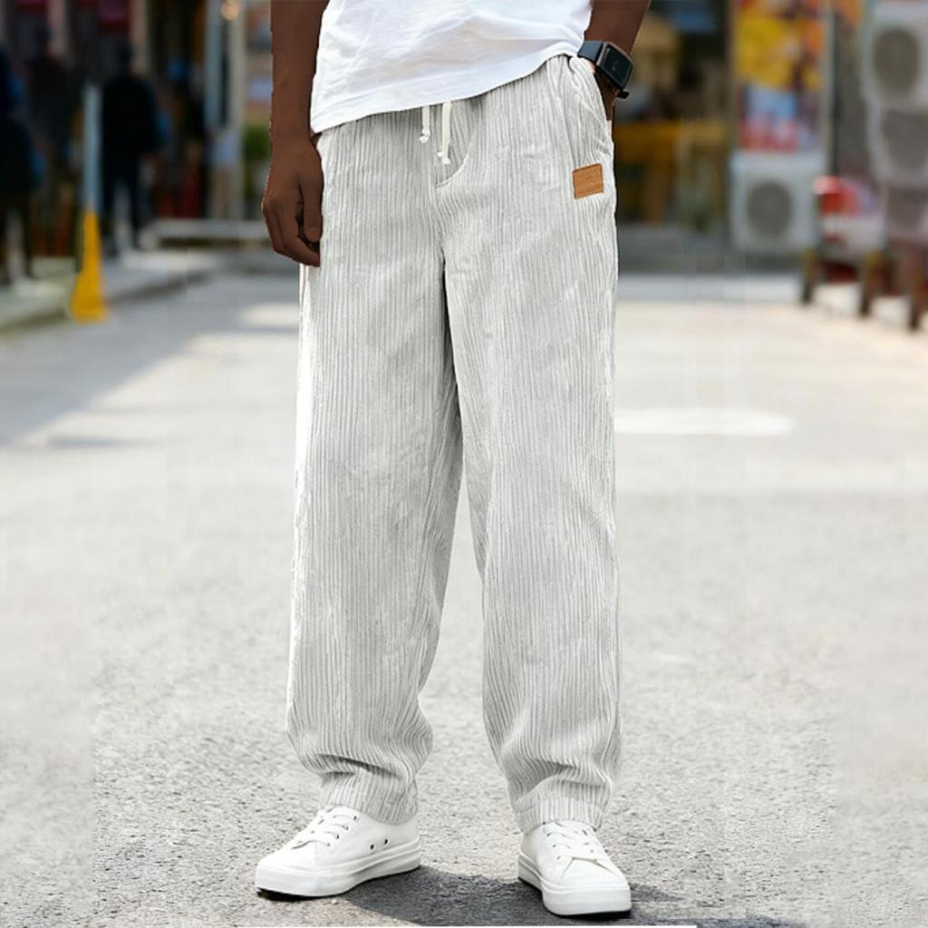 Men Loose Fit Drawstring Waist Corduroy Trousers Casual Straight Leg Pants with Pockets for Everyday Wear