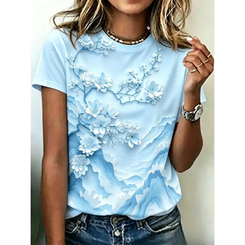 Modisches Damen Rundhals Kurzarm 3D Lässiges Farbprint Lässiges Kurzarm Rundhals T-Shirt