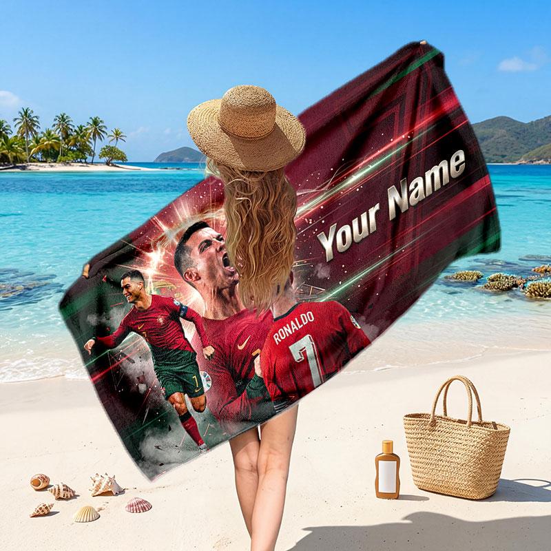 Cristiano Ronaldo Custom Beach Towel, Personalized Name Text Print, Football Logo Soft Quick‑Dry Towel Holiday Gift