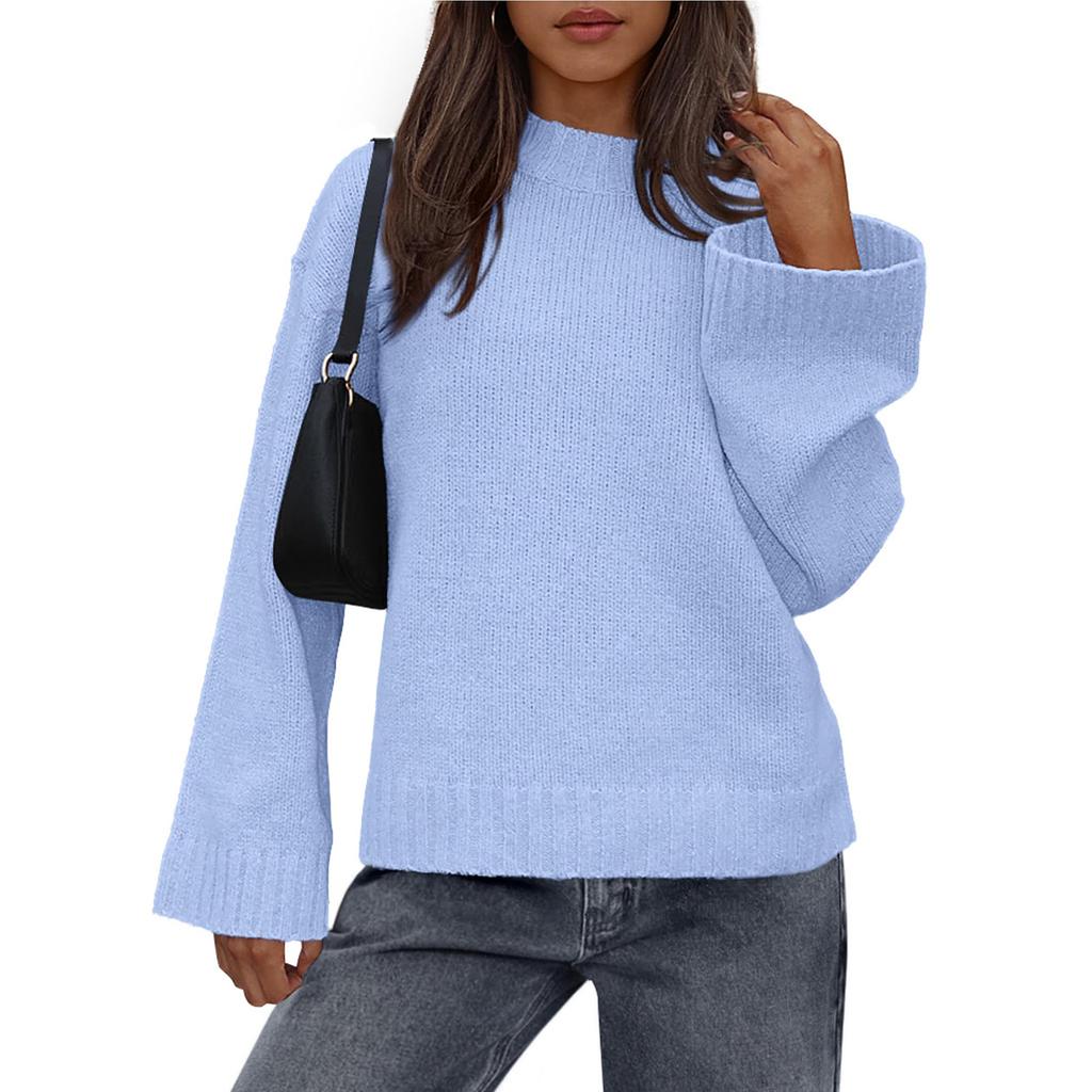 Womens Loose Round Neck Solid Color Bell Sleeve Long Sleeve Knitted Sweater Top