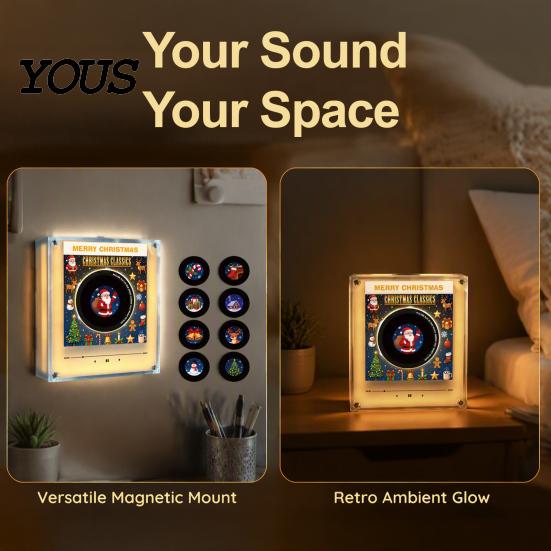 Scatola Musicale Magnetica Personalizzata Giradischi in Vinile Magnete per Frigorifero, con 9 Dischi Programmabili, Memoria da 128MB, Senza Musica, Set Magneti Luce Notturna LED, NFC per