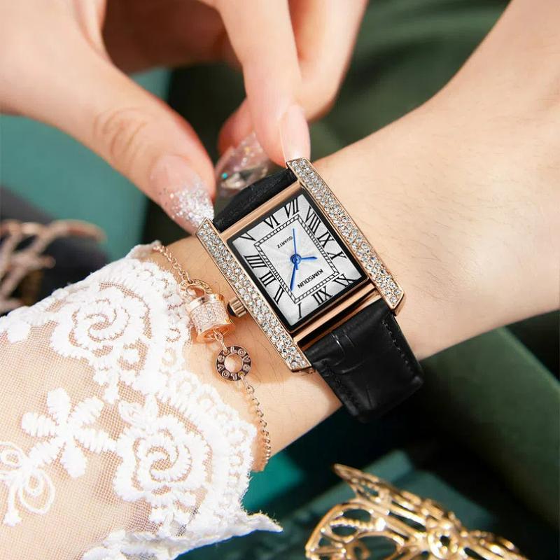 KIMSDUN Fashion Elegant Design Rectangle Dial Water Resistant Leather Quartz Movement Business Gift Women Analog Wrist Watch