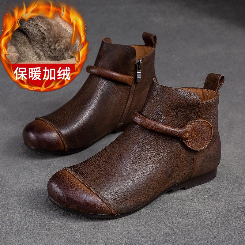 

осень и зима новые ретро женские ботинки из коровьей кожи первого слоя, боковая молния, плоская подошва, круглый носок, простая универсальная женская обувь 40