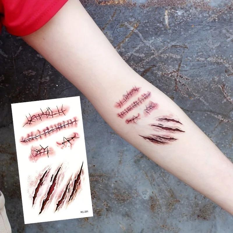 3D Fake Scar Tattoos Sticker Body Face Realistic Scab Temporary Tattoos Halloween Horror Wound Bloody DIY Makeup Stickers