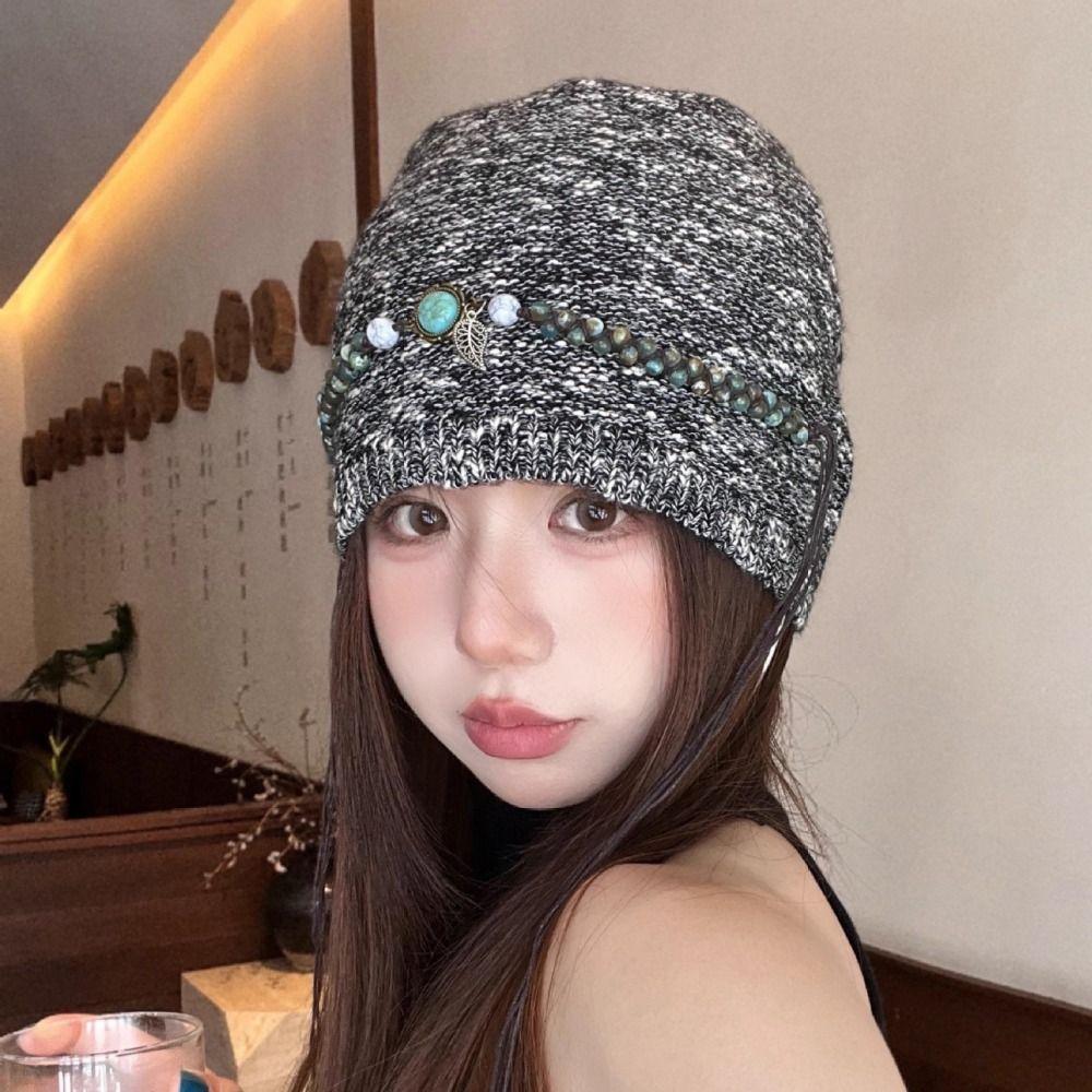 Ethnic Style Bohemian Beanies Hat Coldproof Jacquard Woolen Hat Casual Beaded Fringed Cap  Female