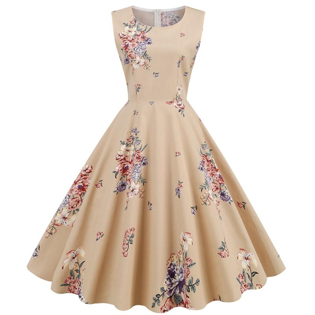 Women Party   Print Color Sleeveless Retro Dress Sleeve Grenadine Dress