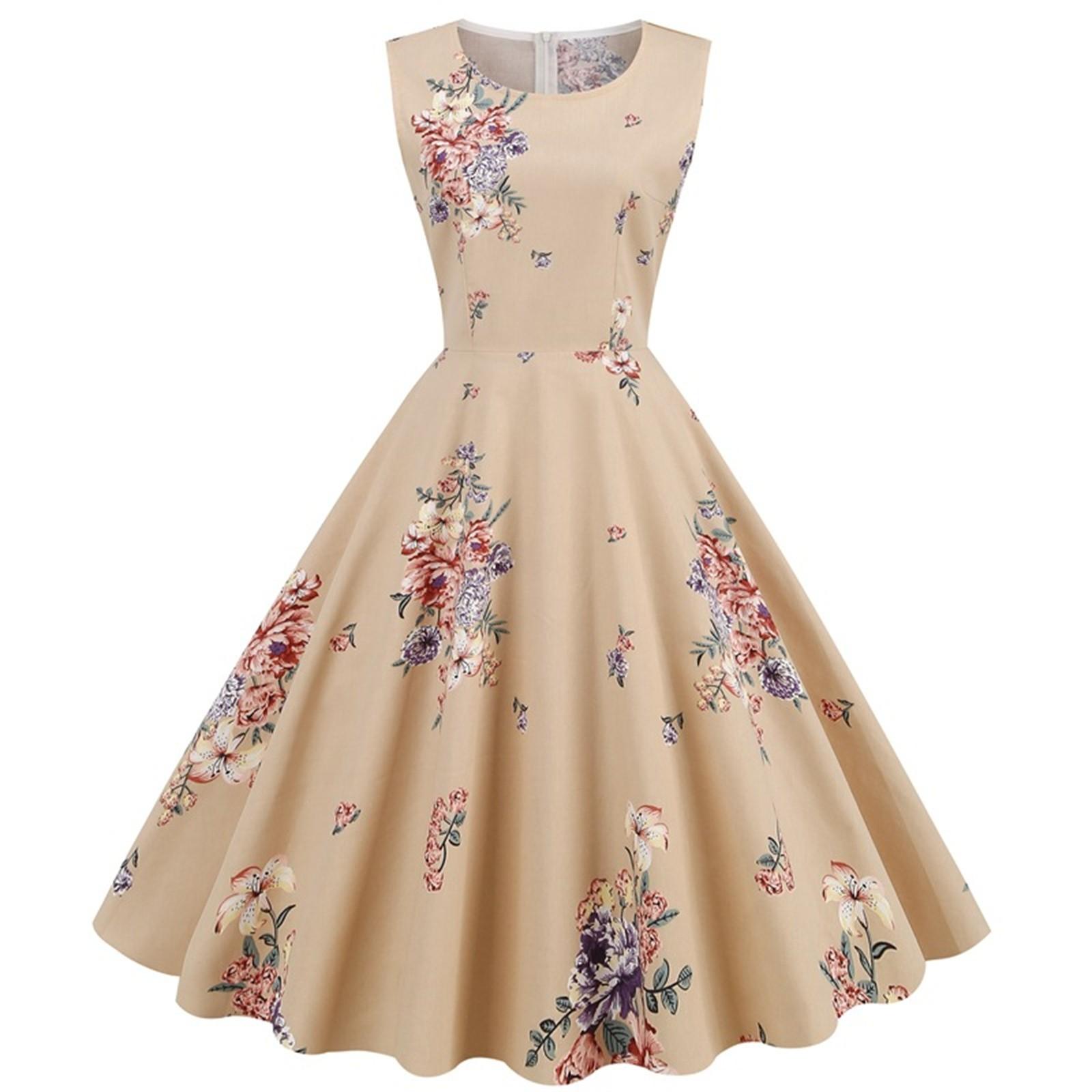

Women Party Print Color Sleeveless Retro Dress Sleeve Grenadine Dress S бежевий